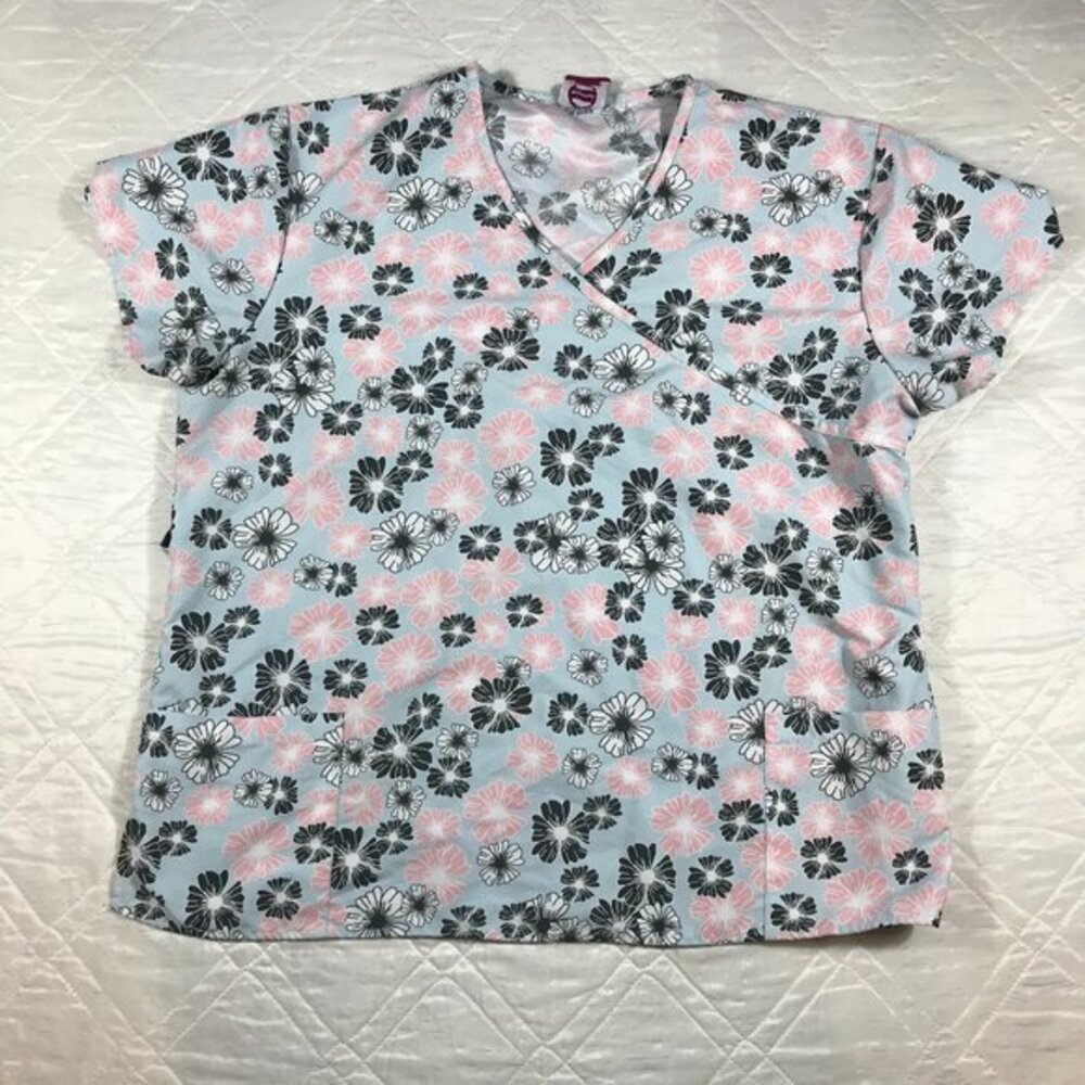 Divine Curves blue pink flowers scrub top size 2X tie back‎